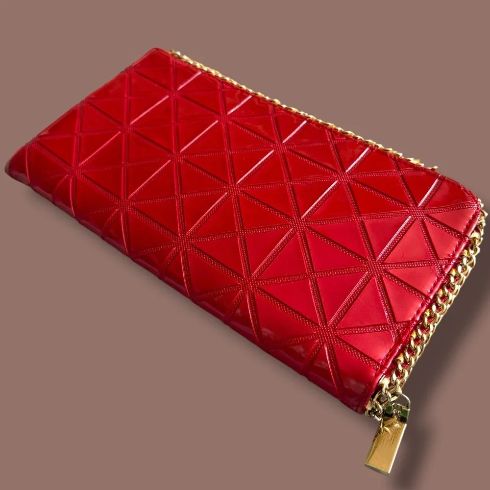 Red Patent Geometric Quilted Zip Around Wallet with Gold‎ Chain Trim Detail